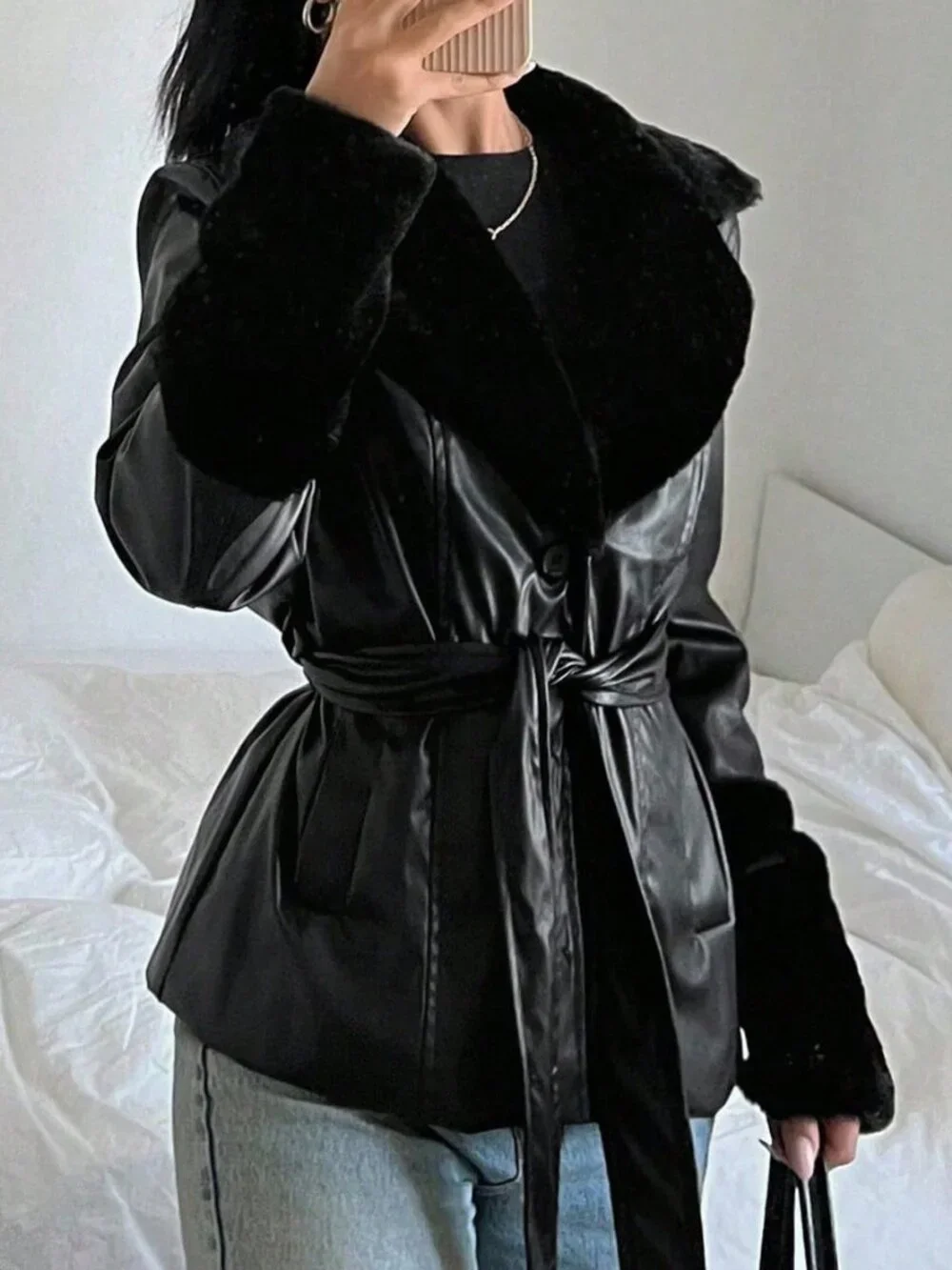 Black contemporary Women's Long Sleeve belted faux leather fur trim Jacket - Picture 2 of 7